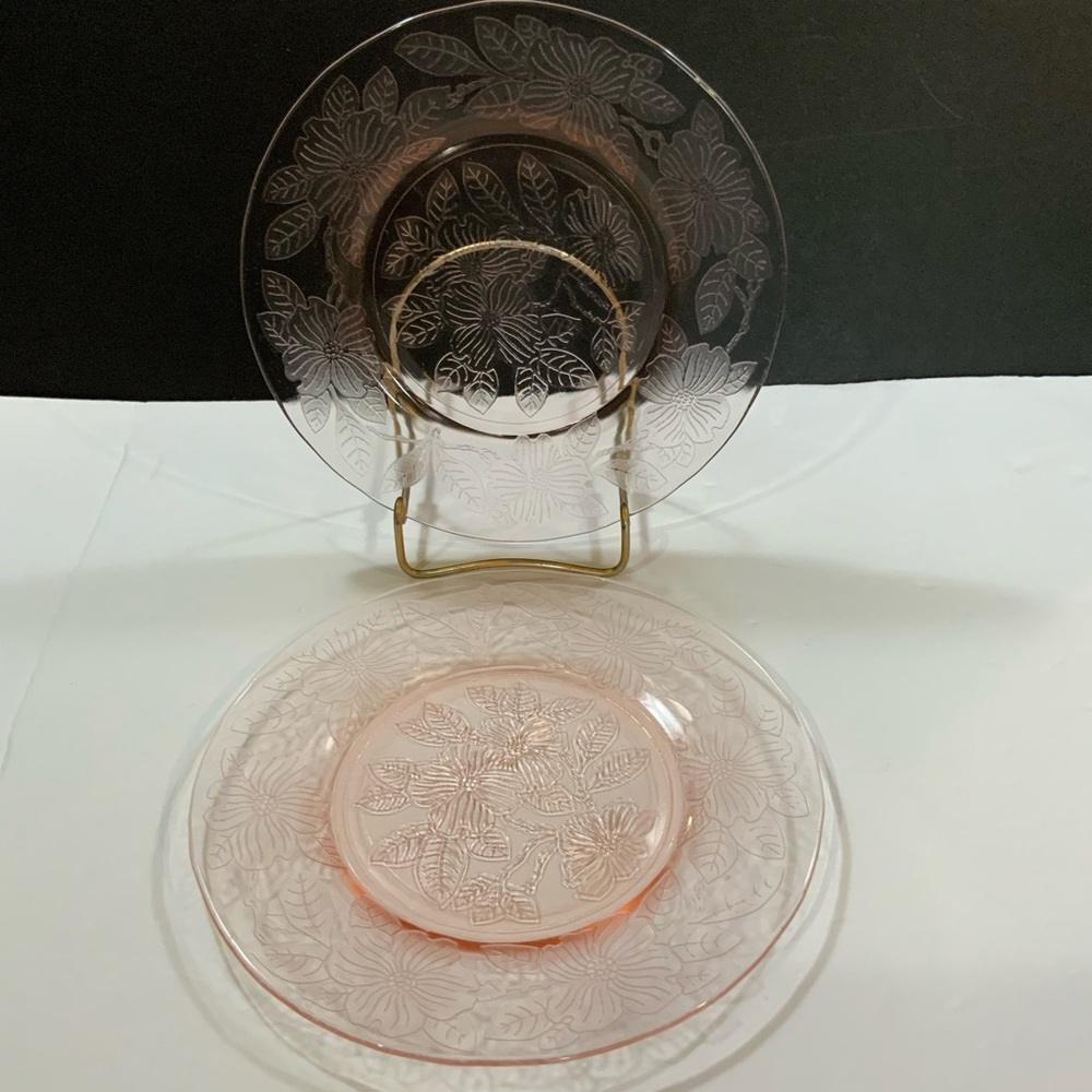 McBeth Evans Dogwood Luncheon Plates Set Lot 2 Pink Depression Glass Vintage